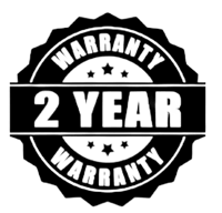a 2 year warranty badge on a black background